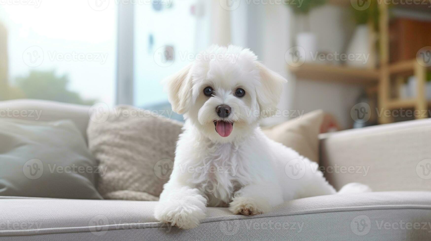 ai gegenereerd rasecht wit bichon frisé hond in een modern interieur van een helder, knus leven kamer in een Scandinavisch stijl in zacht kleuren. met kopiëren ruimte. ideaal voor huisdier zorg en huis decor thema's. foto