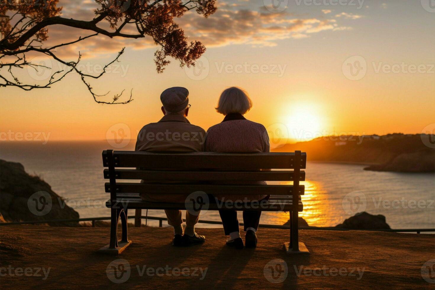 ai gegenereerd zonsondergang gezelschap een senior paar vondsten troost en vreugde Aan een bank foto