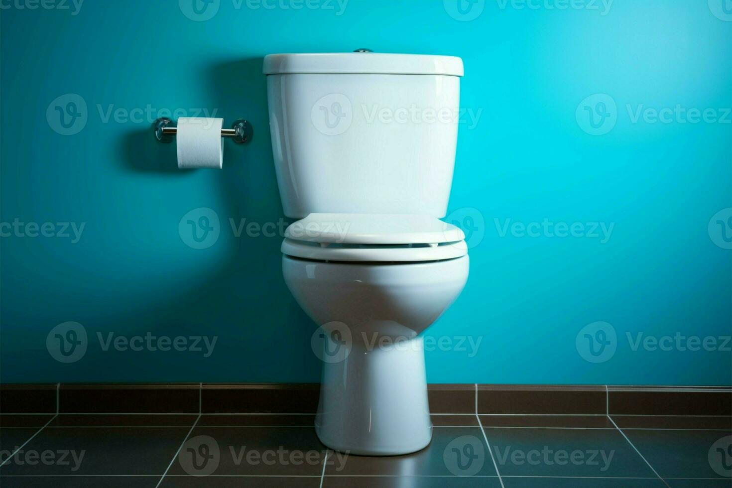 ai gegenereerd schoon en gemakkelijk een wit keramisch toilet staat tegen een backdrop van rustgevend blauw foto