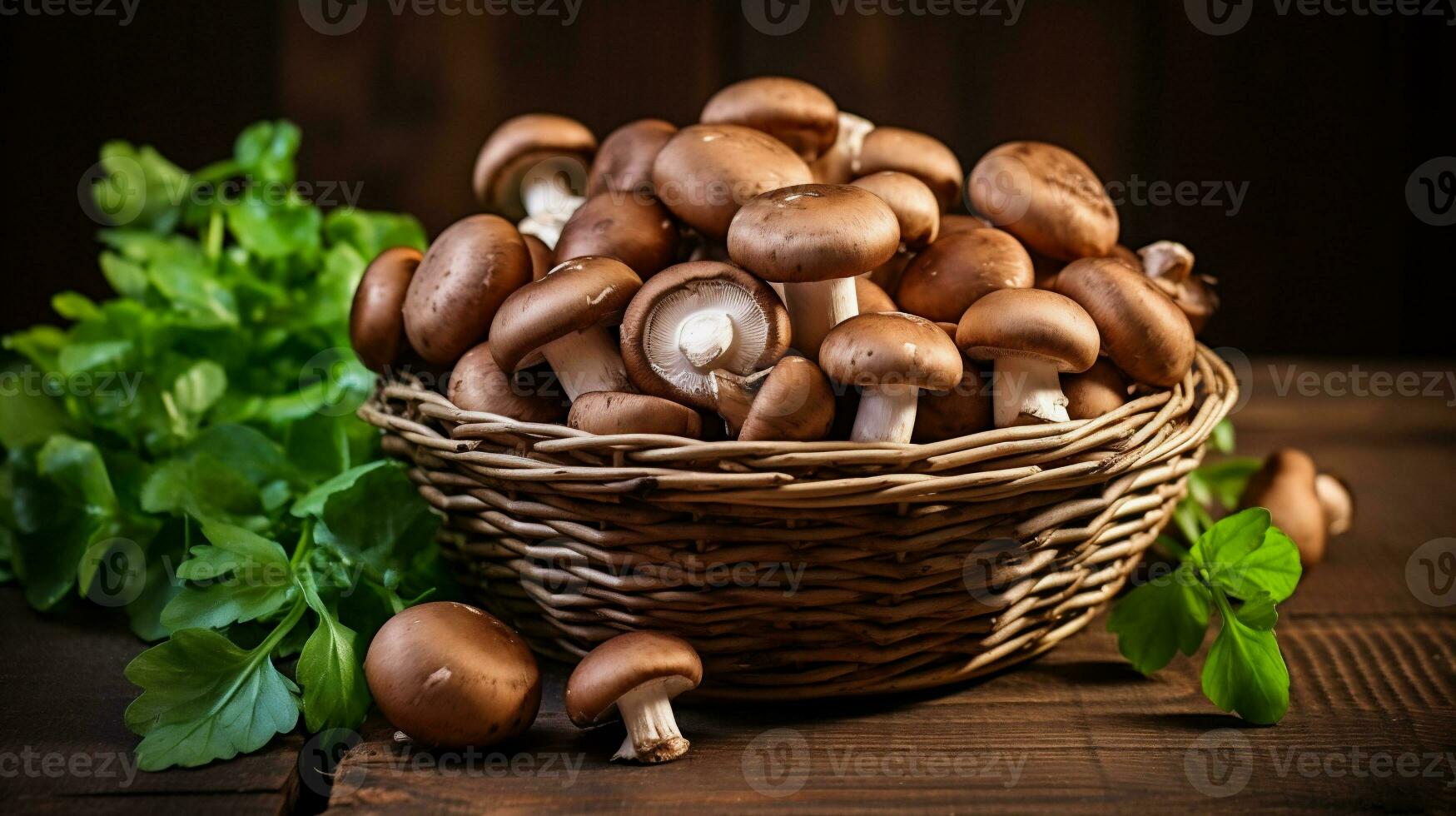 ai gegenereerd vers champignons champignons in een mand Aan een houten tafel. foto