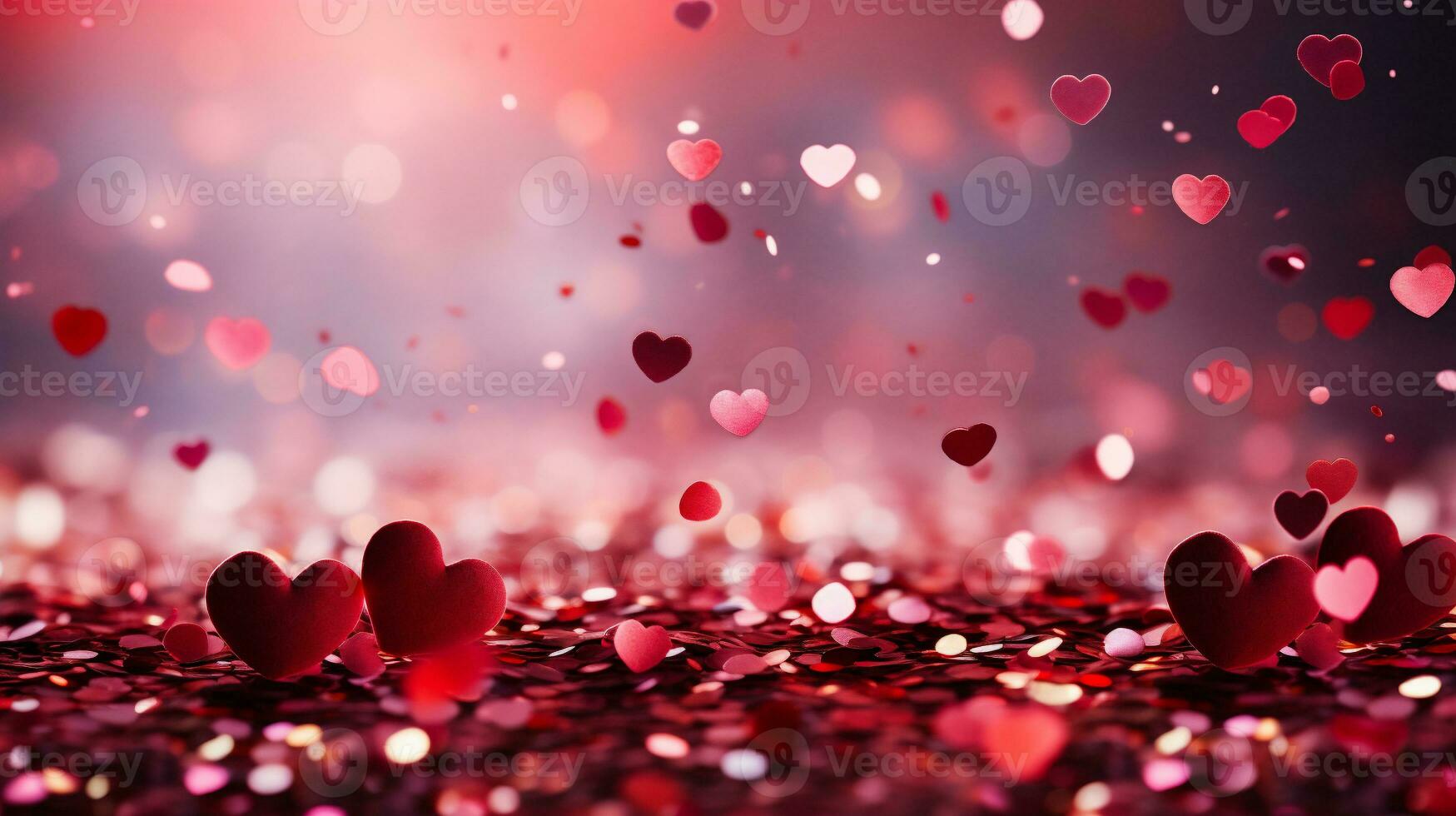 ai gegenereerd Valentijnsdag dag achtergrond met rood harten Aan bokeh achtergrond foto