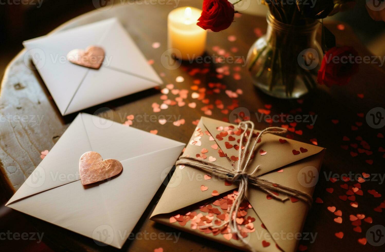 ai gegenereerd Valentijnsdag dag achtergrond. liefde brief, envelop en rood harten Aan houten tafel foto