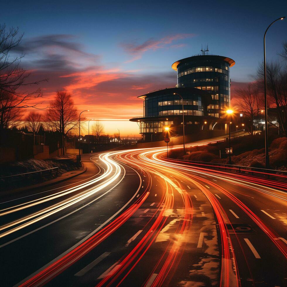 ai gegenereerd een stad horizon met lichten Aan een snelweg foto