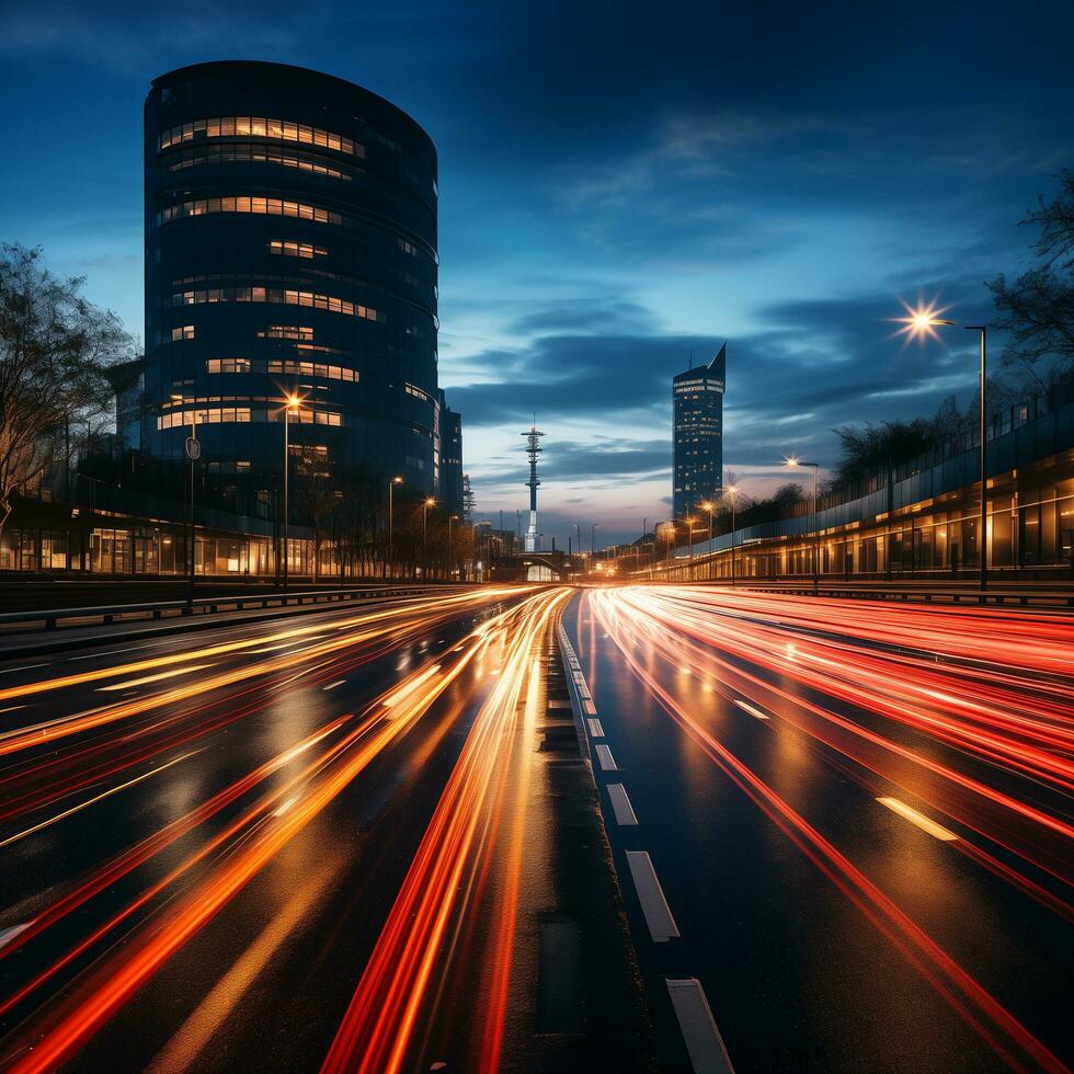 ai gegenereerd een stad horizon met lichten Aan een snelweg foto