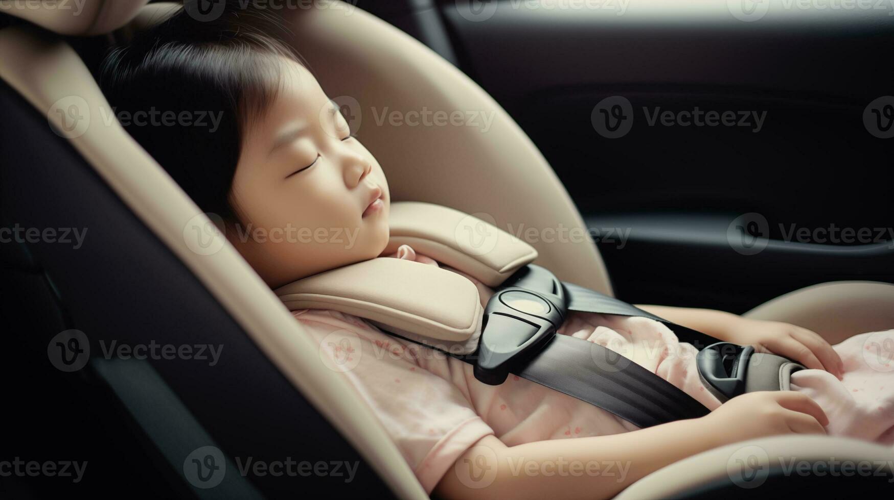 ai gegenereerd Aziatisch weinig aanbiddelijk kleuter meisje resting slapen in auto Aan kind veiligheid stoel booster foto