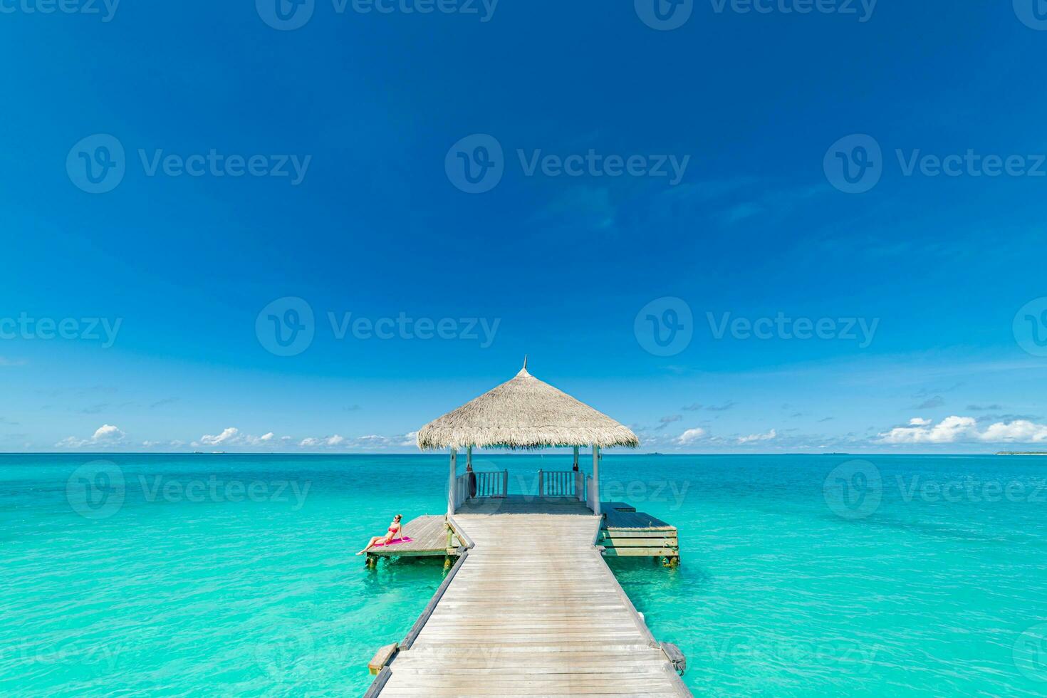 Maldiven paradijs eiland. tropisch antenne landschap, zeegezicht lang steiger pier water villa's. verbazingwekkend zee lucht zonnig lagune strand, tropisch natuur. exotisch toerisme bestemming populair zomer vakantie foto