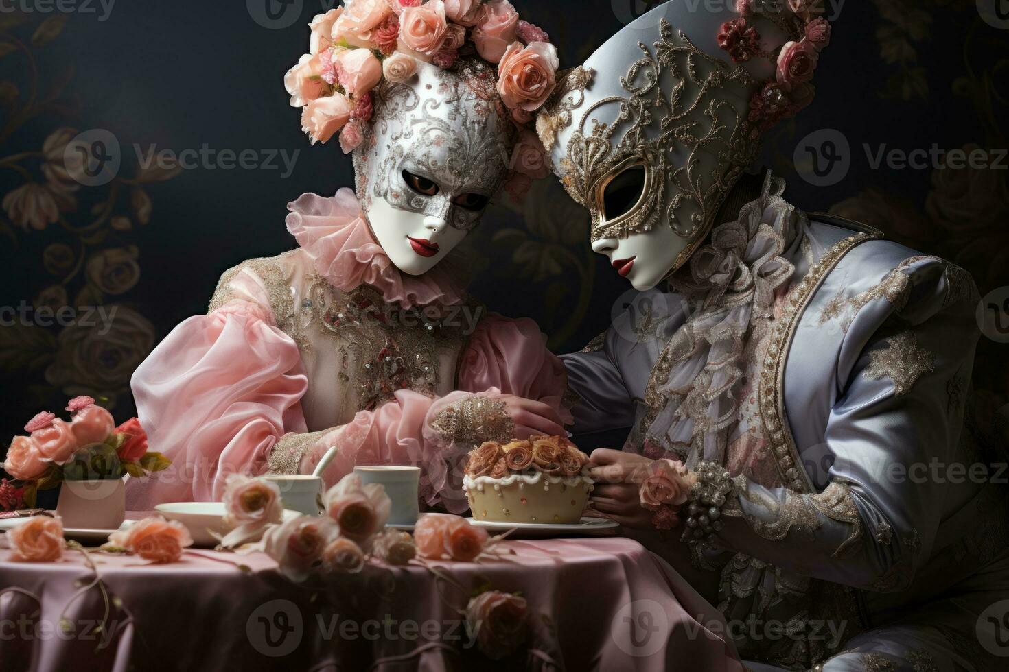 ai gegenereerd paar in elegant maskers bezuinigingen in taart versierd met delicaat masker patronen, verloving, bruiloft en verjaardag beeld foto