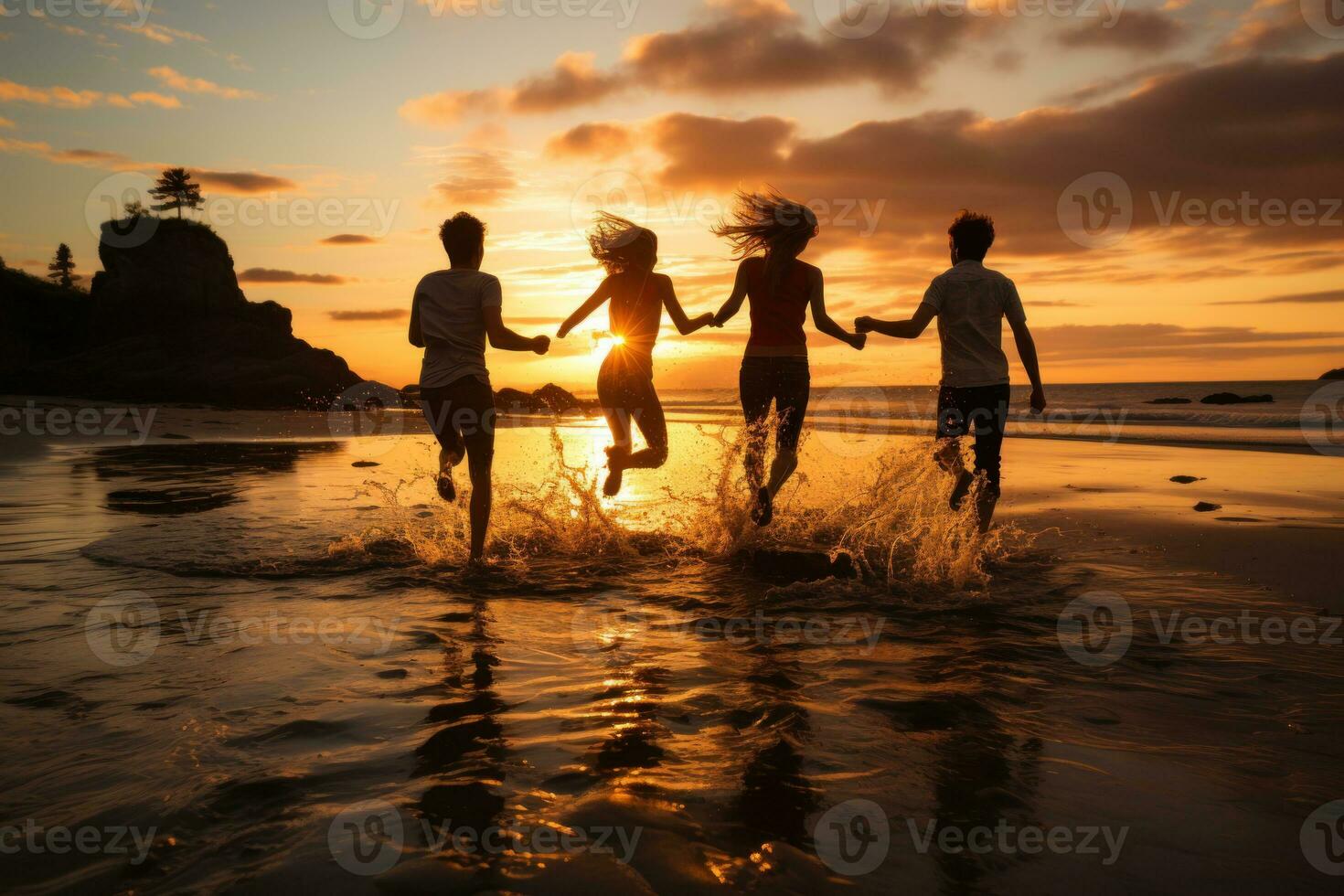 ai gegenereerd drie vrienden sprong hoog, omarmen de zonsondergang gloed, mooi zomer foto