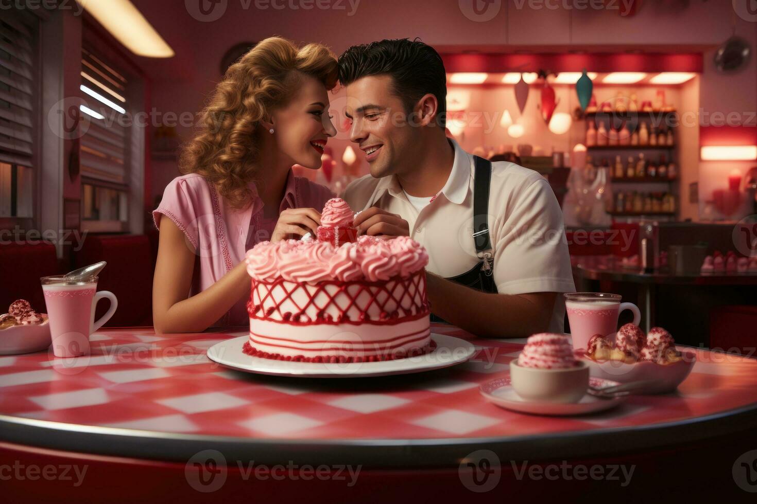 ai gegenereerd paar viert met een taart versierd in retro diner motieven en geruit lekkernijen, valentijn, dating en liefde voorstel beeld foto