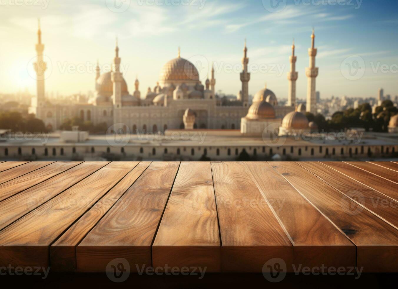 ai gegenereerd rustig voorraad foto met een houten tafel versierd met een moskee, eid en Ramadan afbeeldingen