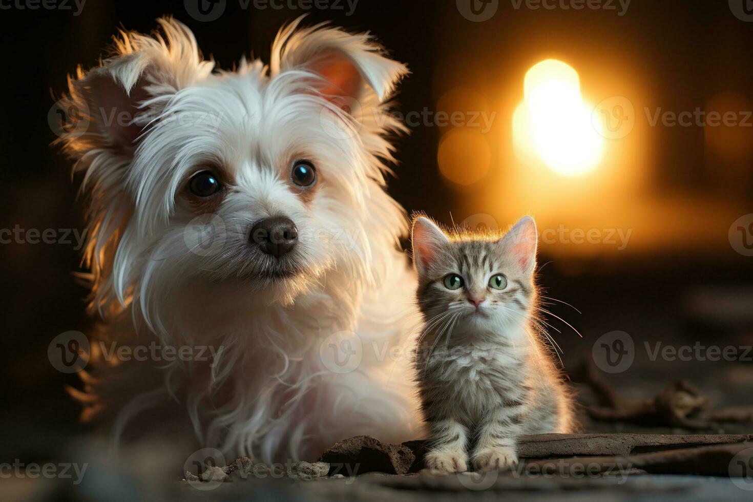 ai gegenereerd klein wit kat en puppy samen in een houding, schattig huiselijk huisdier beeld foto