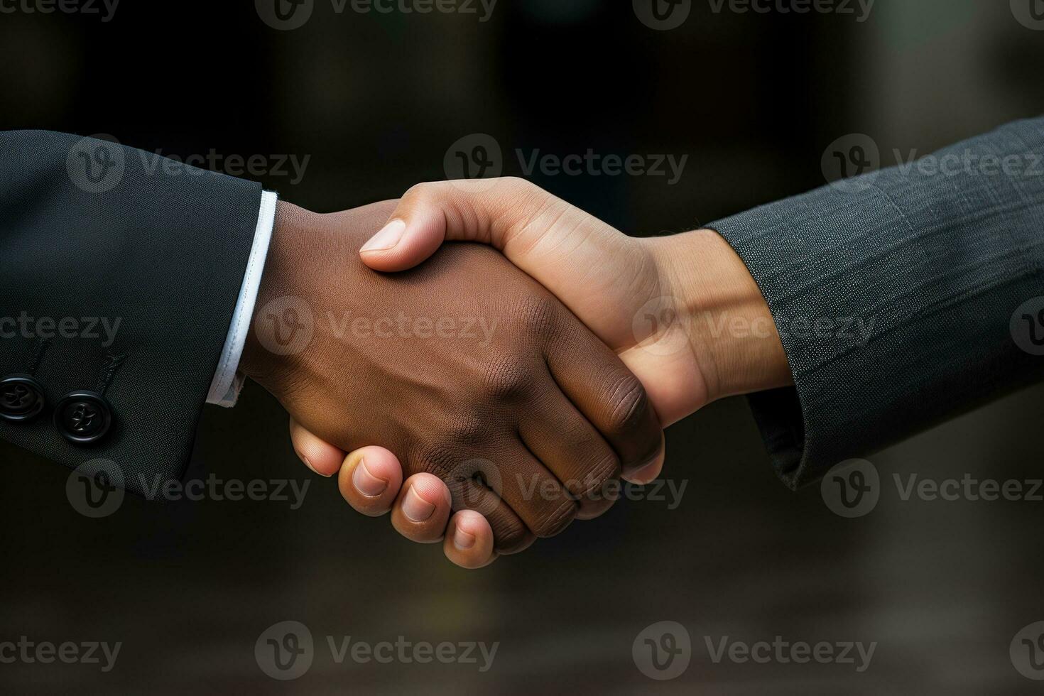 ai gegenereerd twee professioneel mannen schudden handen in een bedrijf overeenkomst Aan een zwart achtergrond, bedrijf vergadering beeld foto