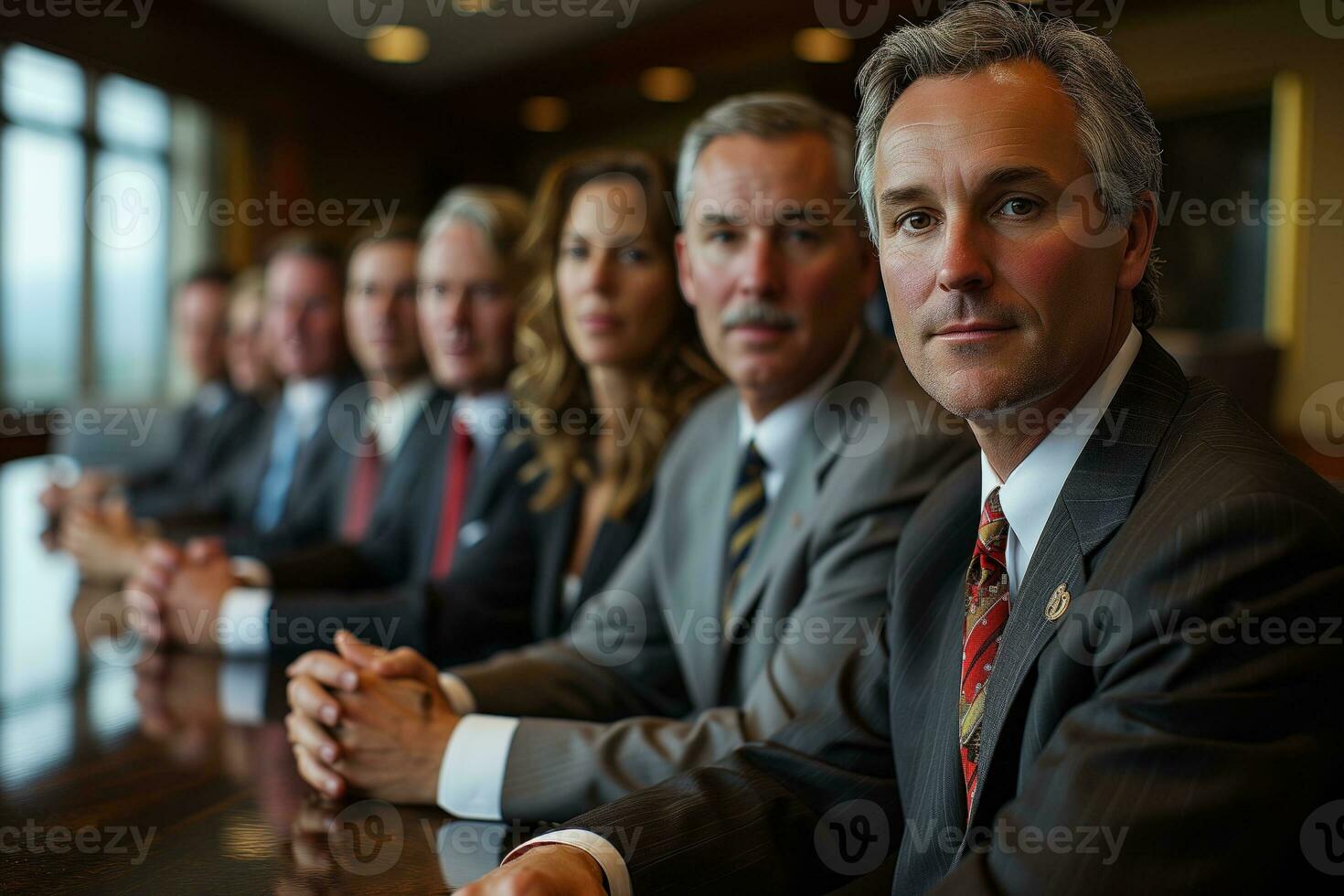 ai gegenereerd een groep van bedrijf mensen zittend Bij een vergadering tafel foto