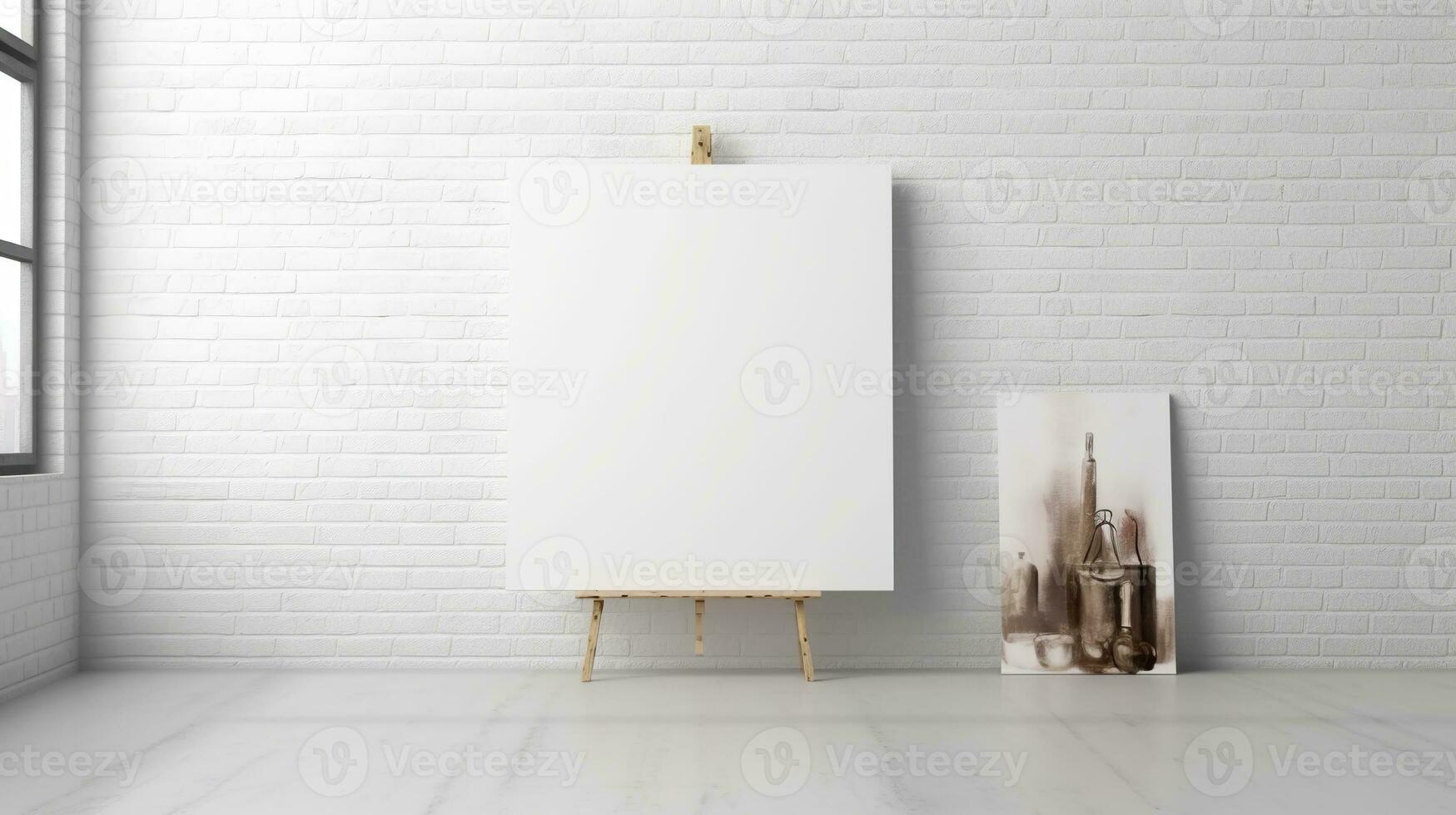 ai gegenereerd wit canvas voor mockup met wazig steen muur kamer interieur foto