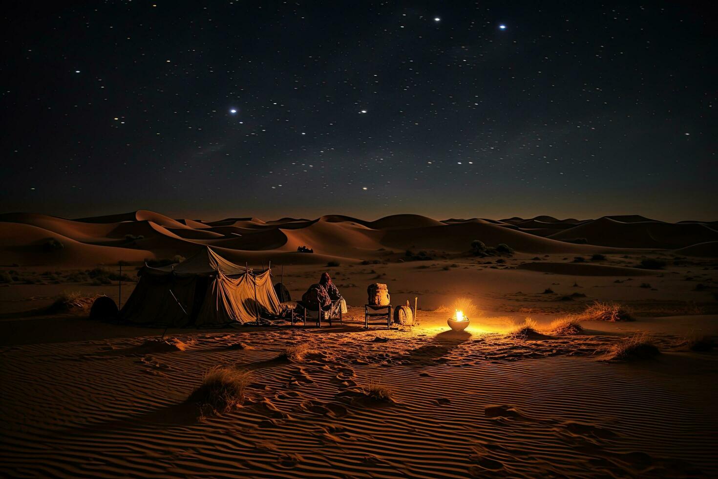 ai gegenereerd toerist tent in de woestijn Bij nacht met sterrenhemel lucht, ai gegenereerd foto
