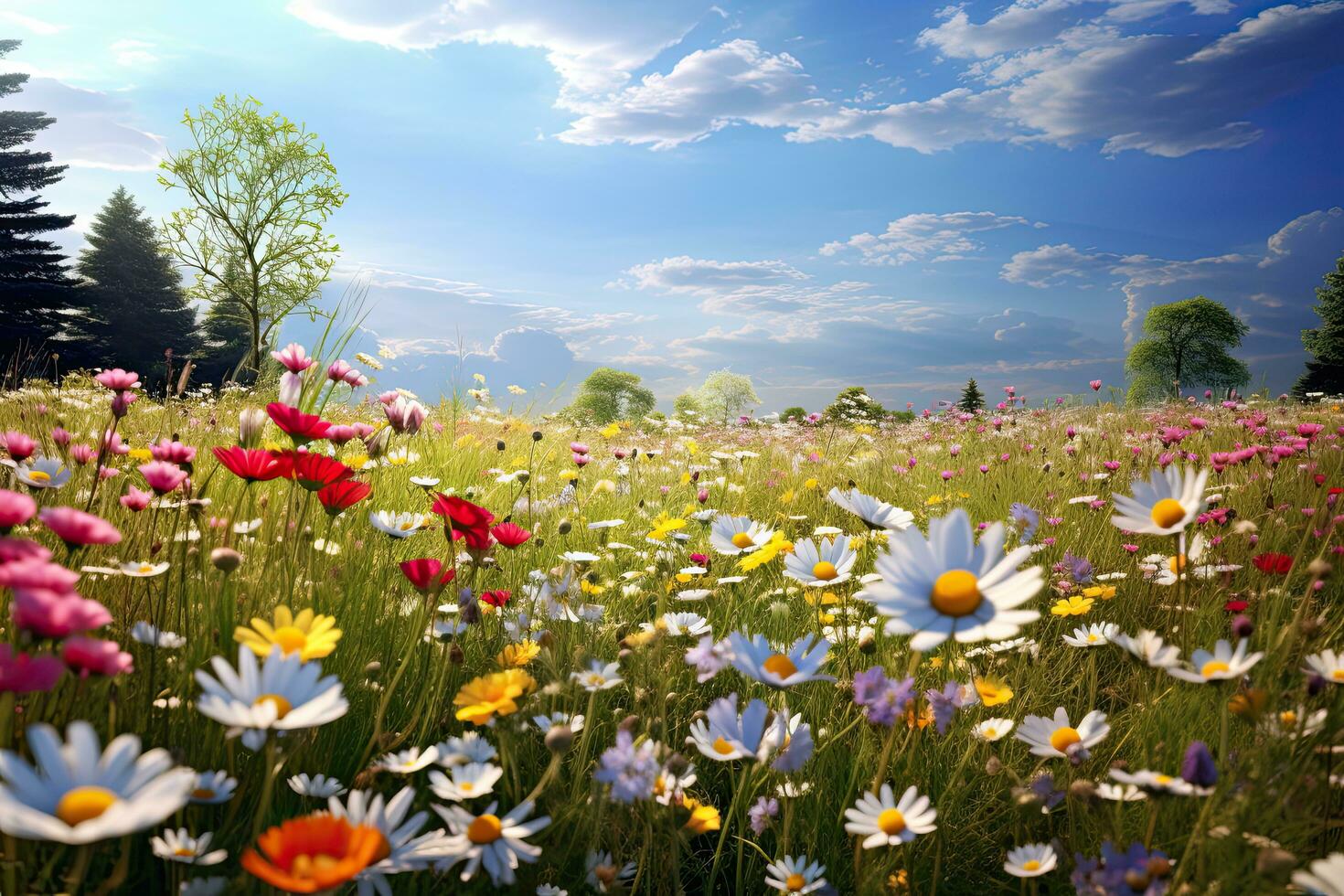 ai gegenereerd zomer weide met wild bloemen en blauw lucht met wit wolken, ai gegenereerd foto