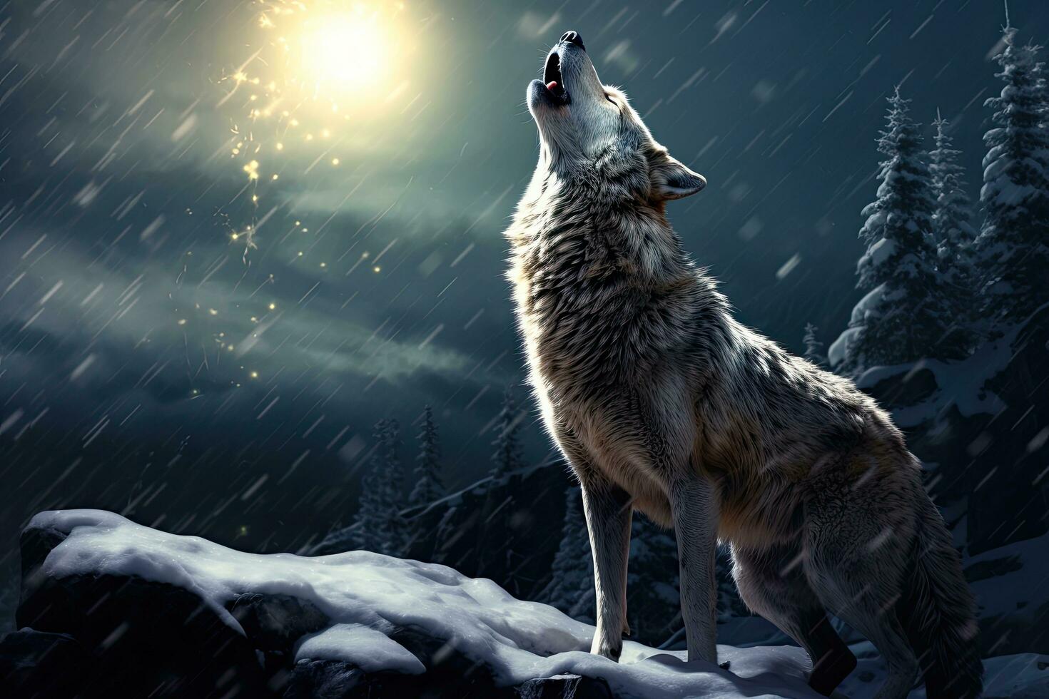 ai gegenereerd wolf gehuil Bij nacht in de bergen. 3d illustratie, ai gegenereerd foto