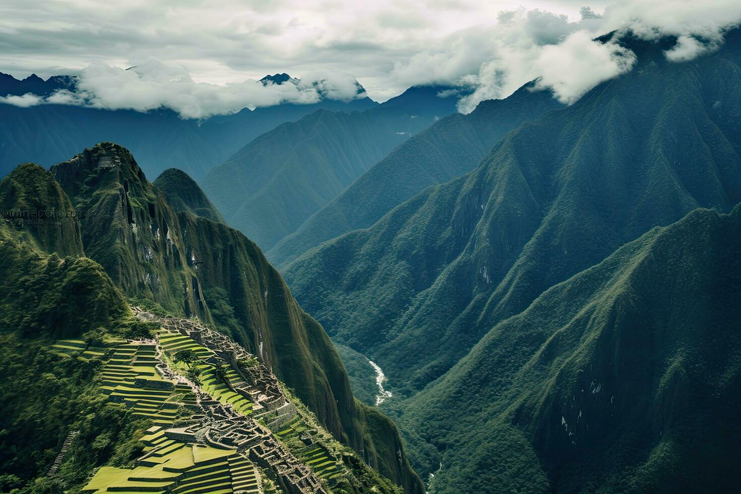 ai gegenereerd antenne visie van machu Picchu in Peru, zuiden Amerika, ai gegenereerd foto