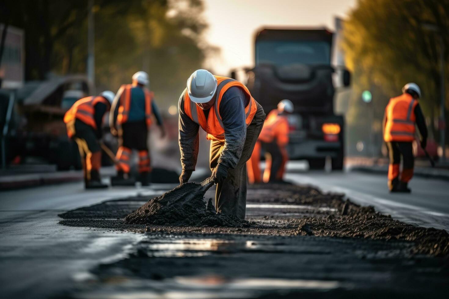 ai gegenereerd arbeiders gieten asfalt Aan een weg bouw plaats. weg reparatie, asfalt aannemers werken Aan weg, ingenieurs zijn werken Aan weg bouw, ai gegenereerd foto