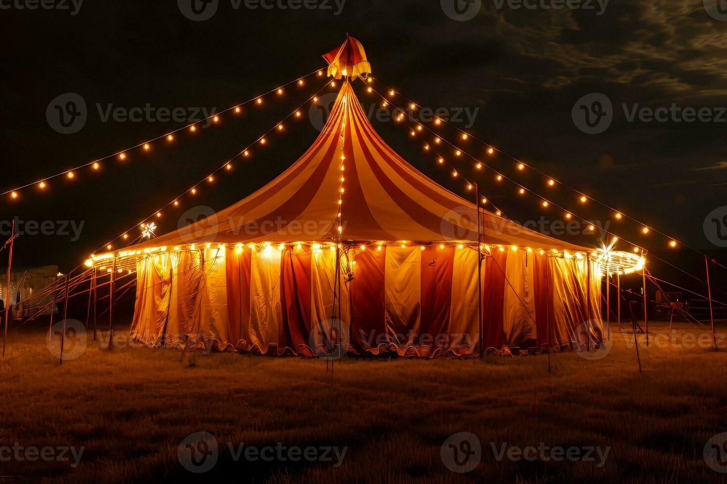 ai gegenereerd circus tent met verlichtingen lichten Bij nacht. foto