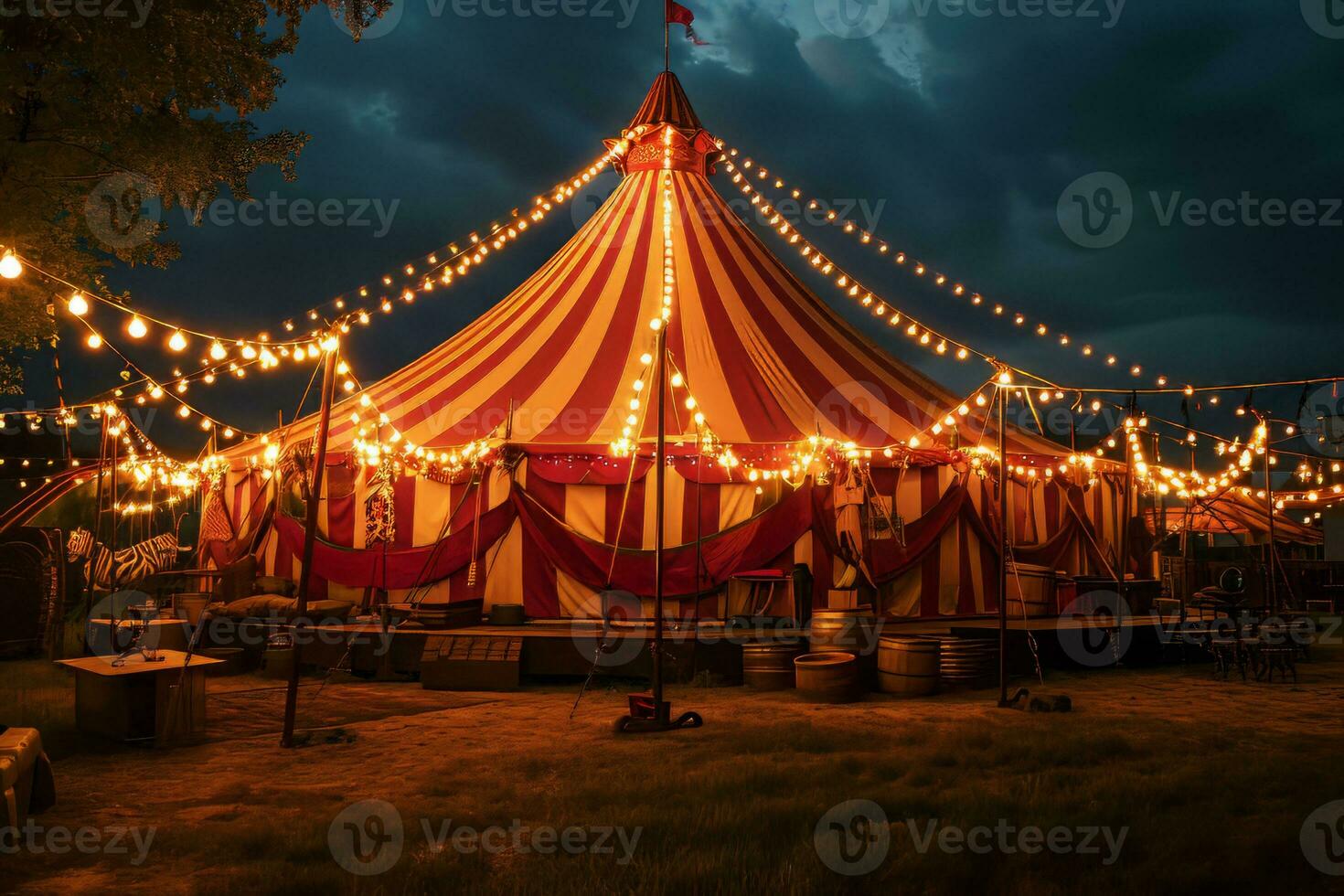 ai gegenereerd circus tent met verlichtingen lichten Bij nacht. foto