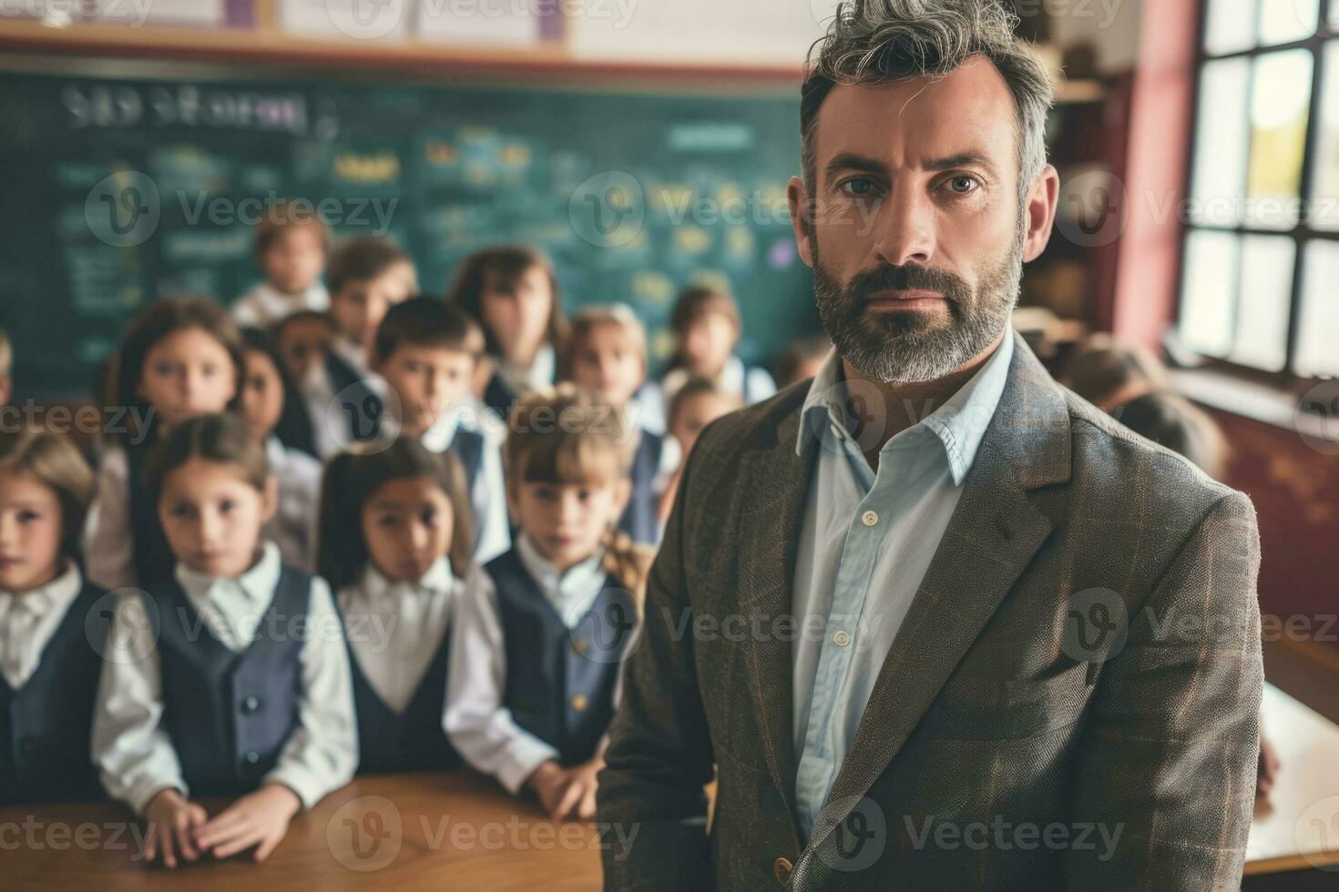 ai gegenereerd portret van mannetje leraar en leerlingen zittend Bij bureaus in klas foto