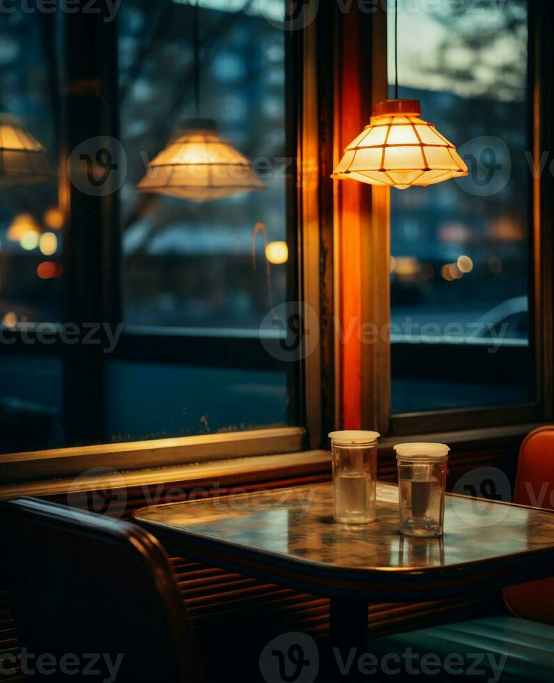 ai gegenereerd koffie kop in een cafe Aan de achtergrond van een nacht stad foto