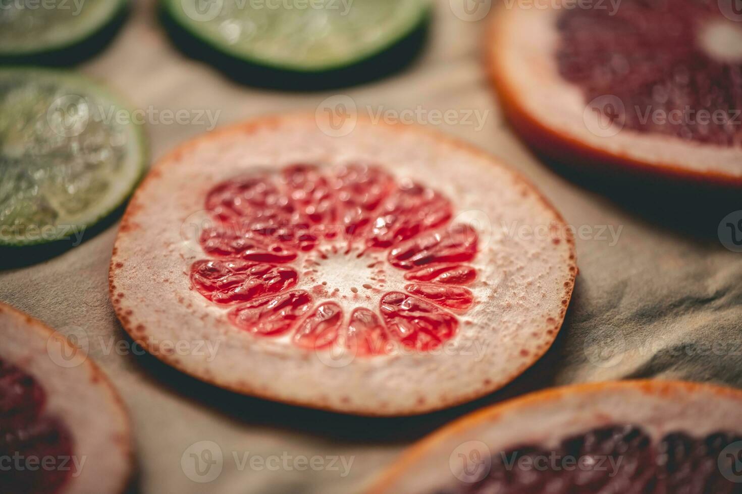 gesneden oranje, mandarijn en grapefruit plakjes Aan bakken vel, voorbereidingen treffen citrus wiggen voor Kerstmis slinger foto