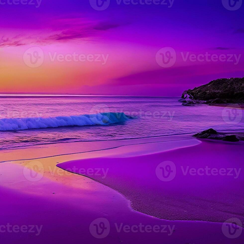 ai gegenereerd mooi zonsondergang Bij tropisch strand met silhouet van bomen en oranje, roze, blauw, lucht voor kopiëren ruimte en multimedia inhoud schepping, ai gegenereerd foto