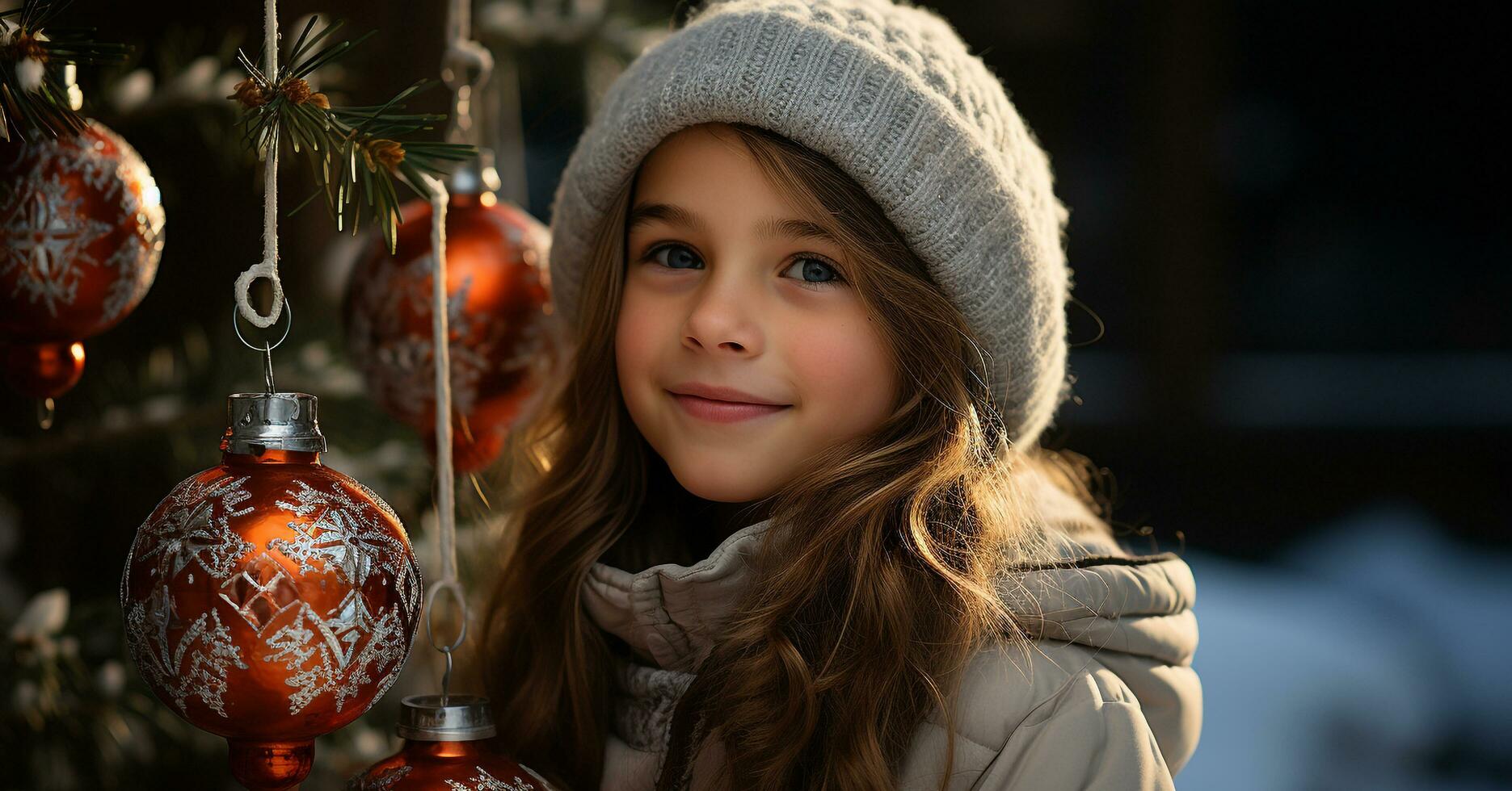 ai gegenereerd glimlachen kind, vrolijk winter, schattig meisje, Kerstmis viering, vreugde gegenereerd door ai foto