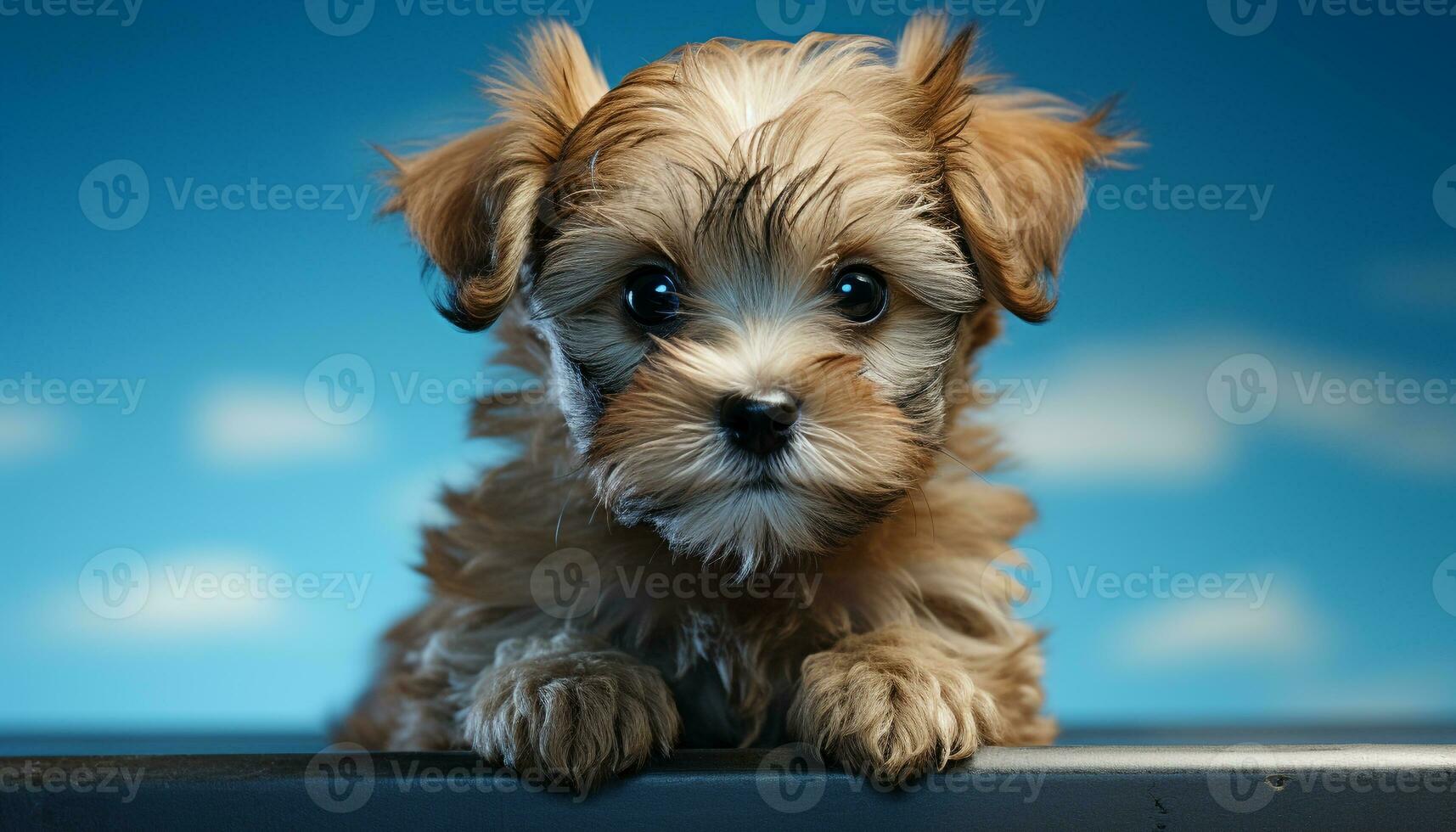 ai gegenereerd schattig puppy zitten, op zoek Bij camera, pluizig vacht, speels natuur gegenereerd door ai foto