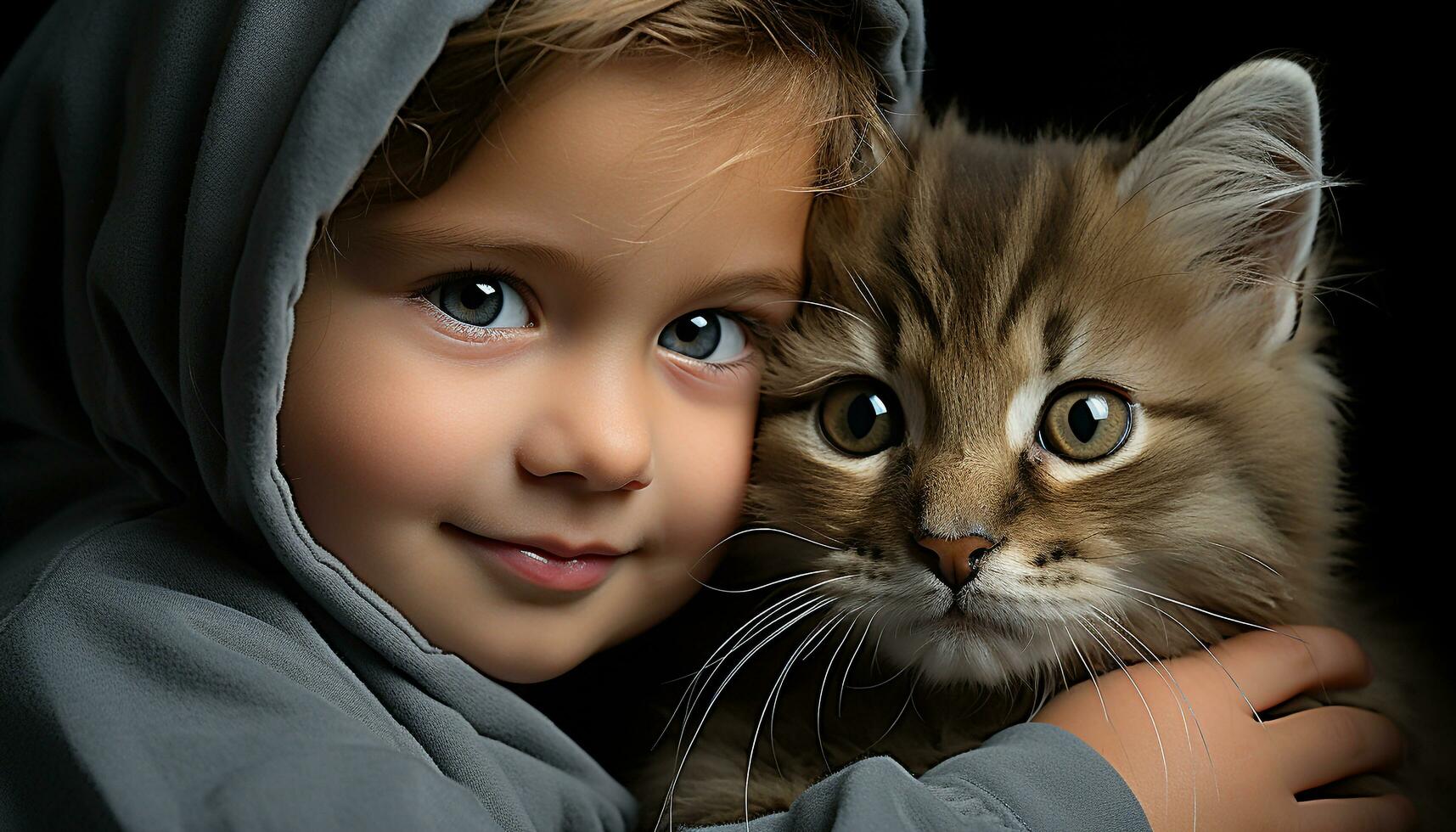 ai gegenereerd schattig kind lachend, omarmen klein katje, zuiver geluk en liefde gegenereerd door ai foto
