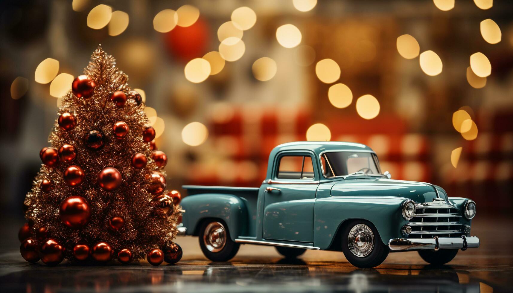 ai gegenereerd oud fashioned auto versierd met glimmend Kerstmis lichten, vervoeren cadeaus binnenshuis gegenereerd door ai foto