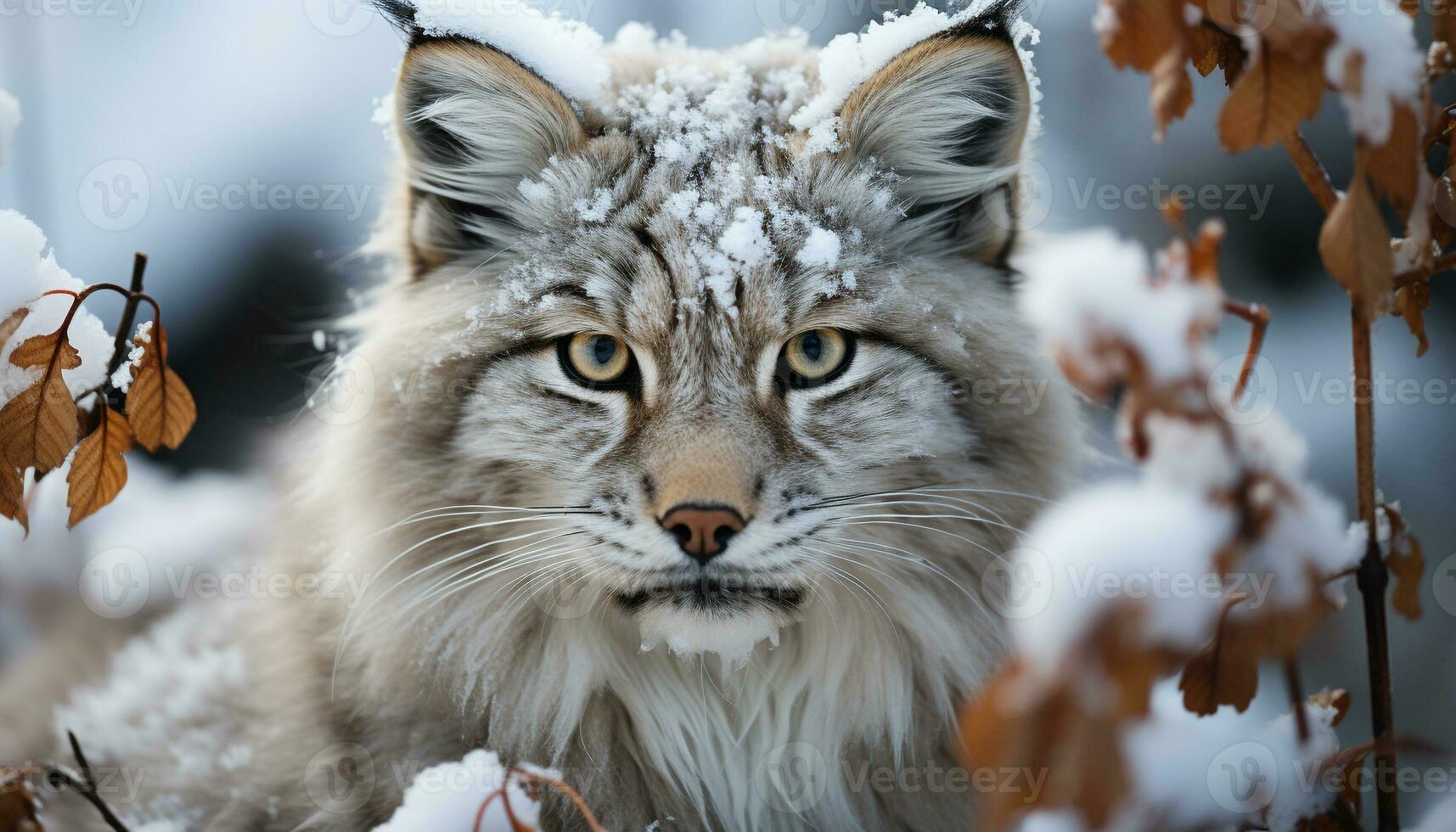 ai gegenereerd dichtbij omhoog van een schattig bobcat in de sneeuw gegenereerd door ai foto