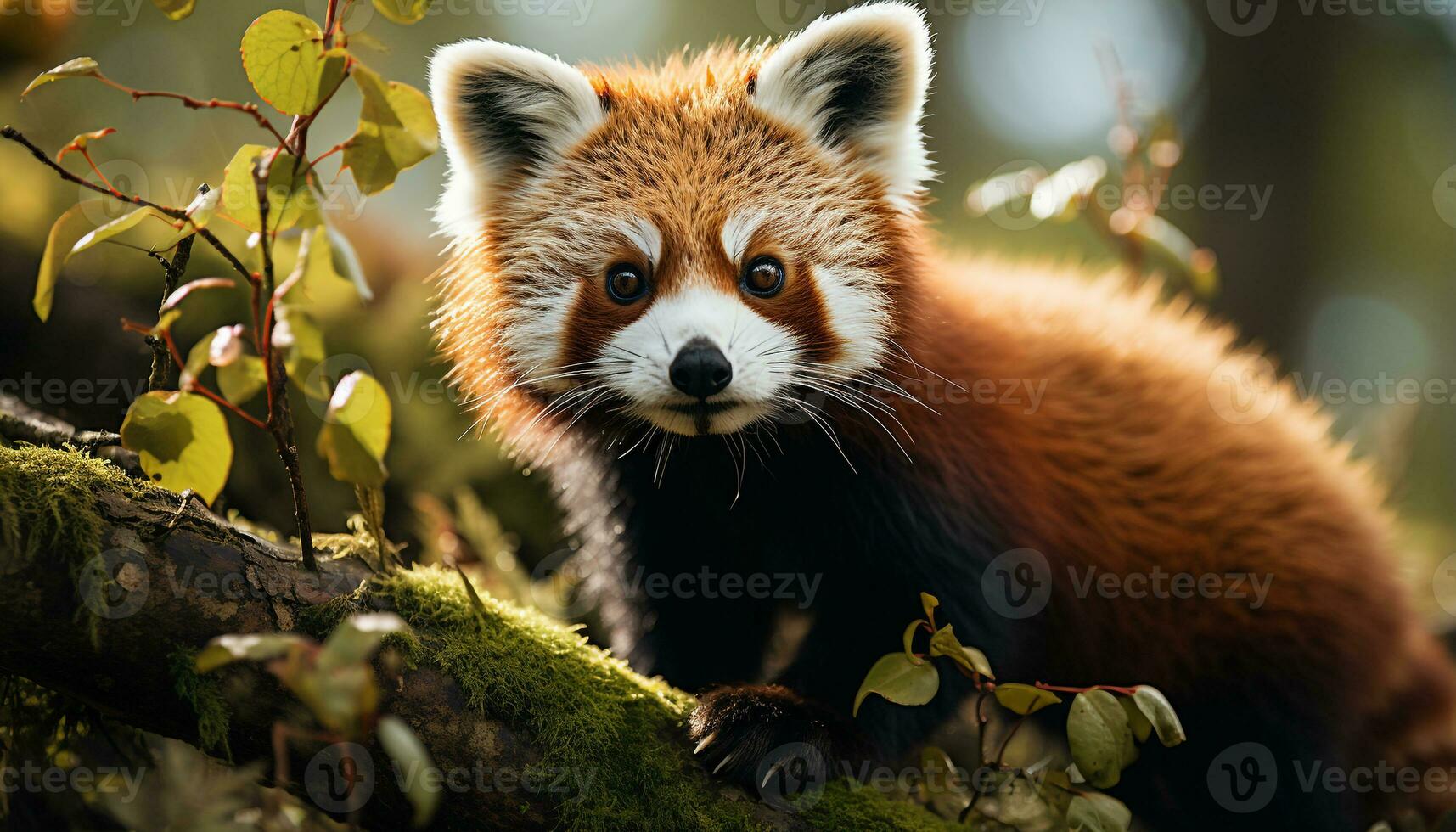 ai gegenereerd schattig rood panda zittend Aan tak, op zoek Bij camera gegenereerd door ai foto