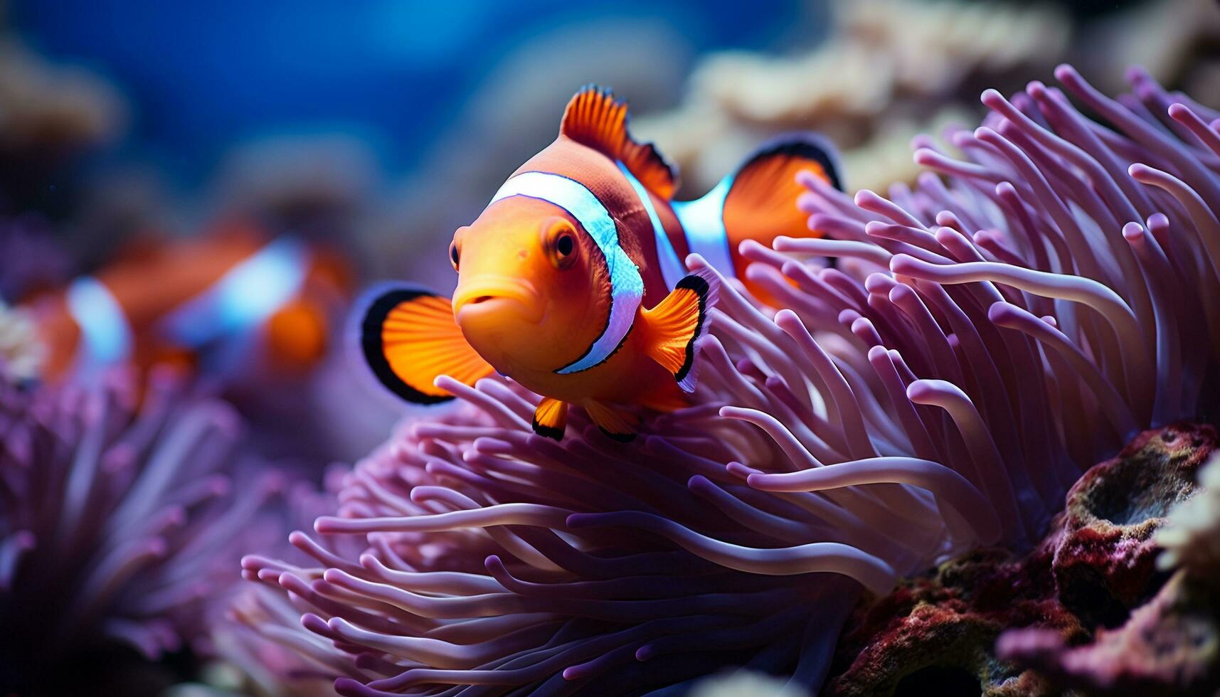 ai gegenereerd clown vis zwemmen in levendig koraal rif gegenereerd door ai foto