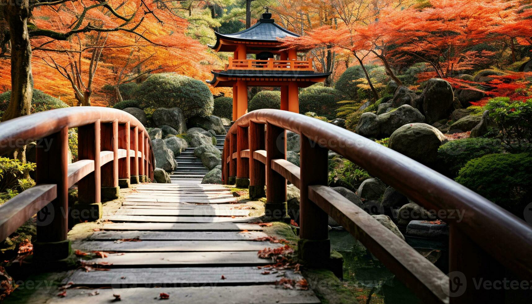 ai gegenereerd rustig herfst Woud, Japans esdoorn, voetpad, houten brug gegenereerd door ai foto