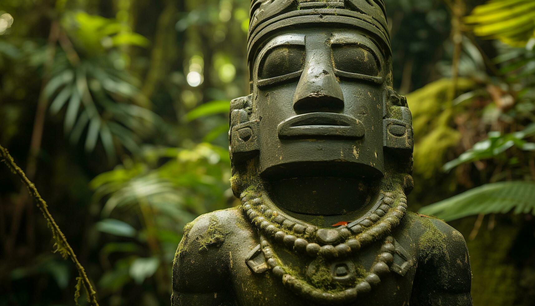 ai gegenereerd oude beeldhouwwerk in tropisch regenwoud belichaamt geestelijkheid gegenereerd door ai foto