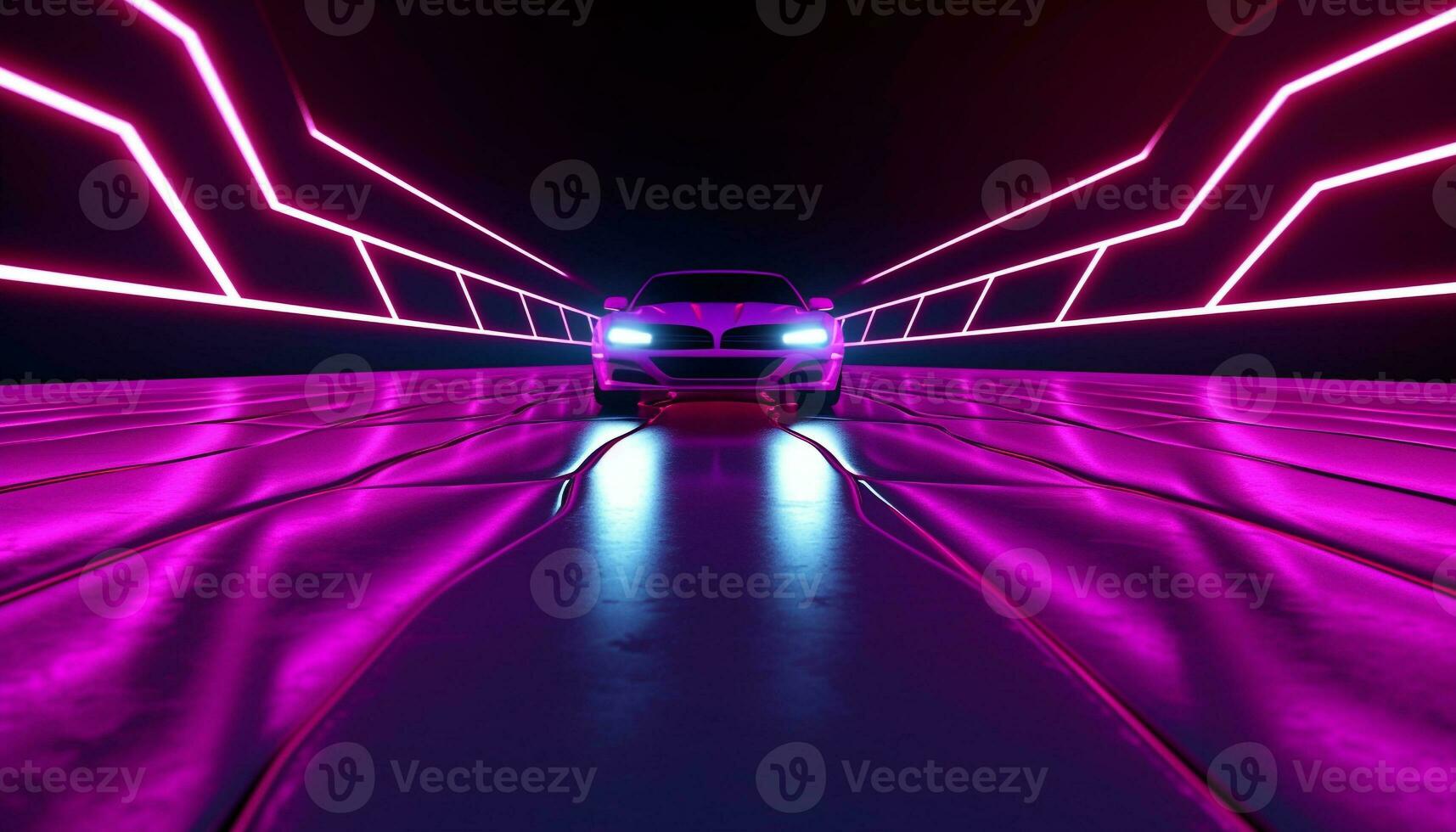 ai gegenereerd futuristische auto snelheden door neon lit stad straten gegenereerd door ai foto