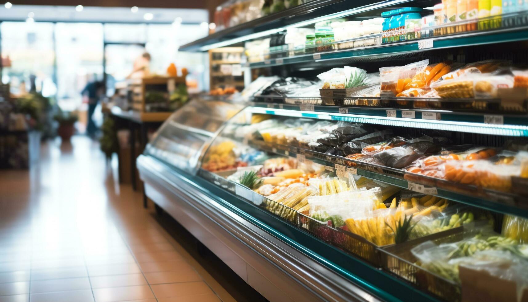 ai gegenereerd versheid en verscheidenheid in een supermarkt gangpad gegenereerd door ai foto