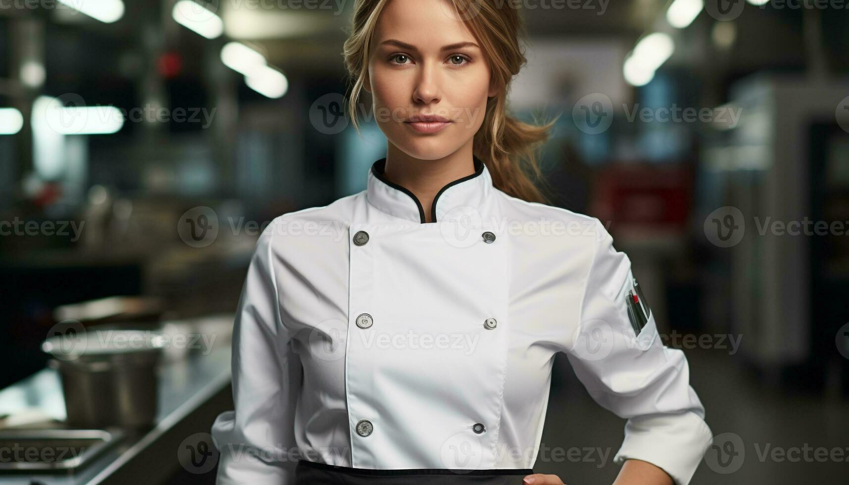 ai gegenereerd jong vrouw chef in uniform glimlachen met vertrouwen gegenereerd door ai foto