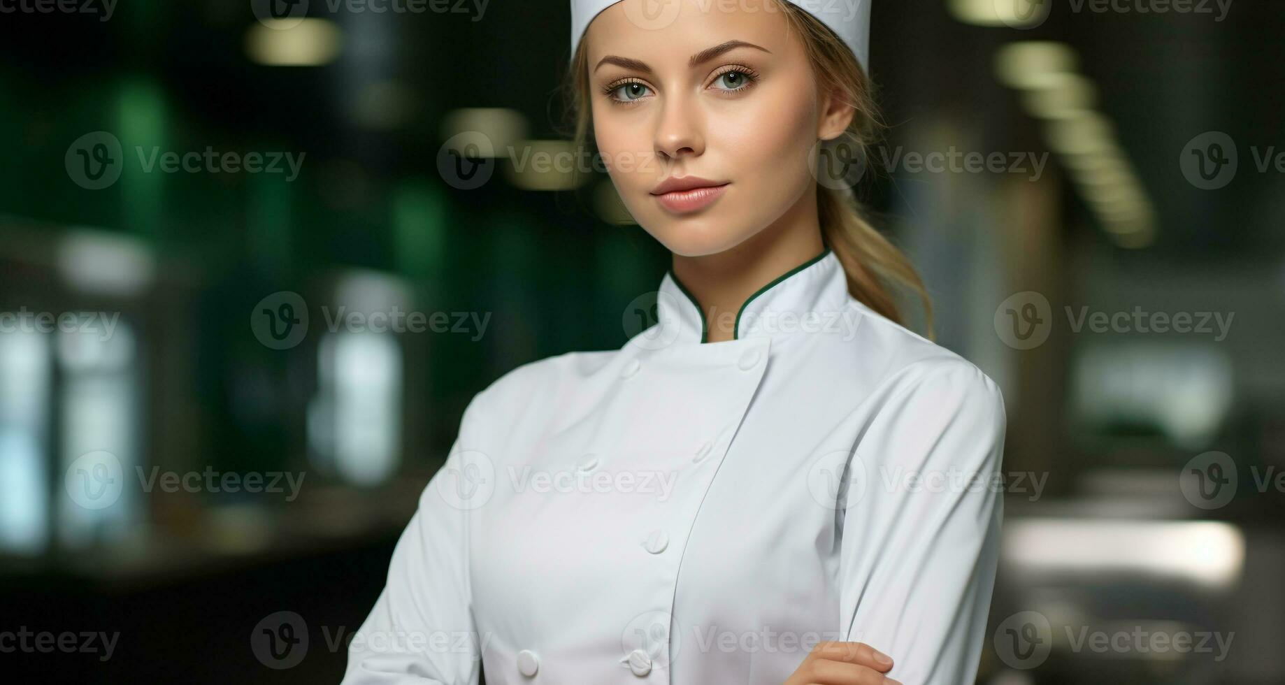 ai gegenereerd jong volwassen vrouw chef glimlachen en op zoek Bij camera gegenereerd door ai foto