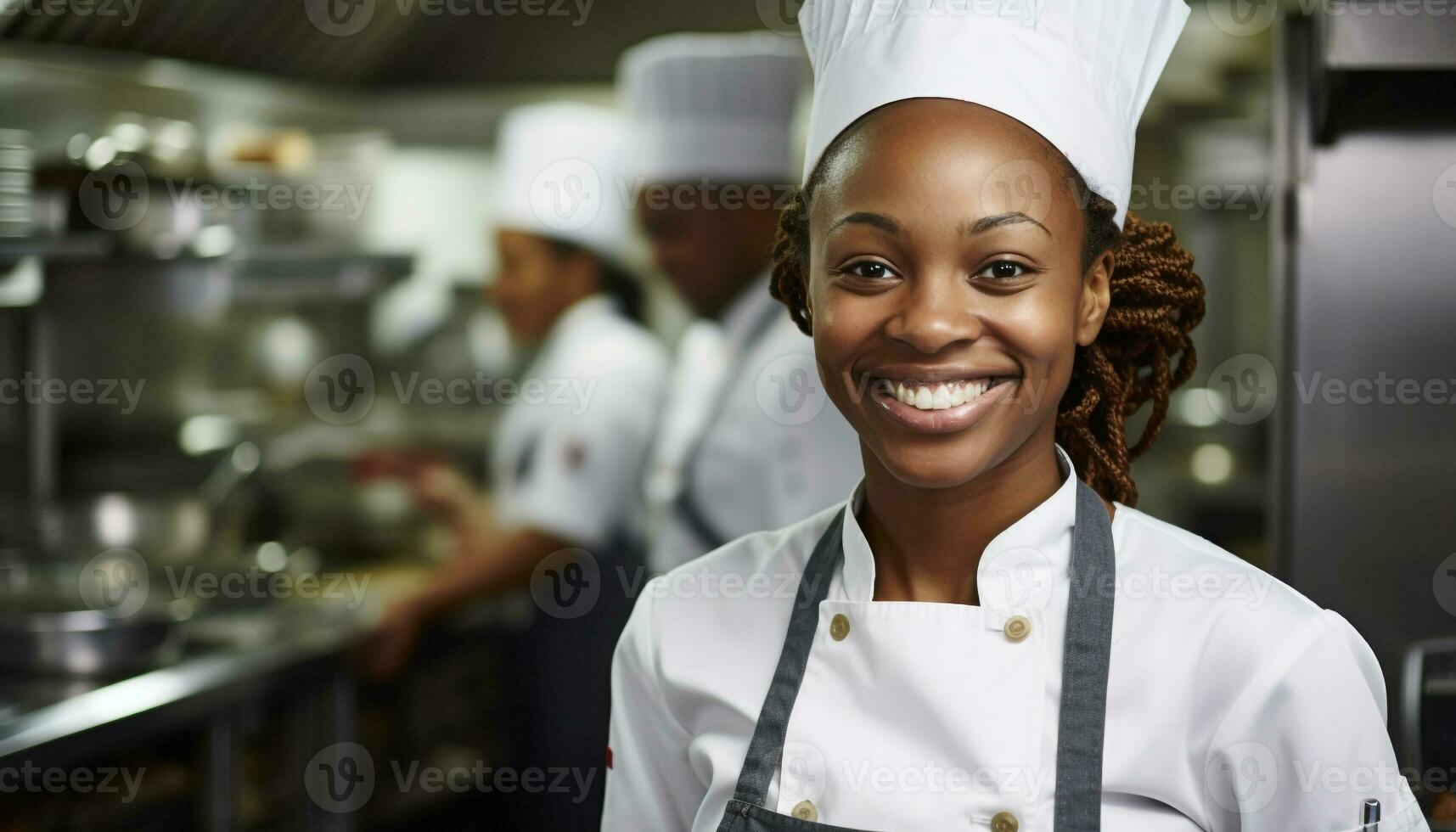 ai gegenereerd glimlachen chef in keuken, voorbereidingen treffen voedsel met expertise gegenereerd door ai foto