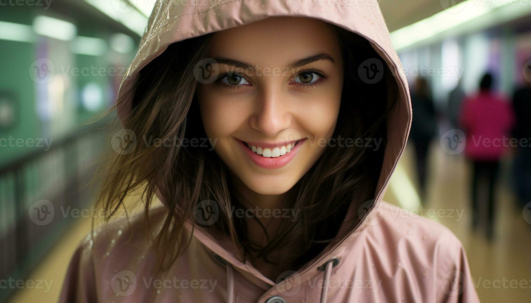 ai gegenereerd glimlachen jong vrouw in met een kap jasje buitenshuis gegenereerd door ai foto