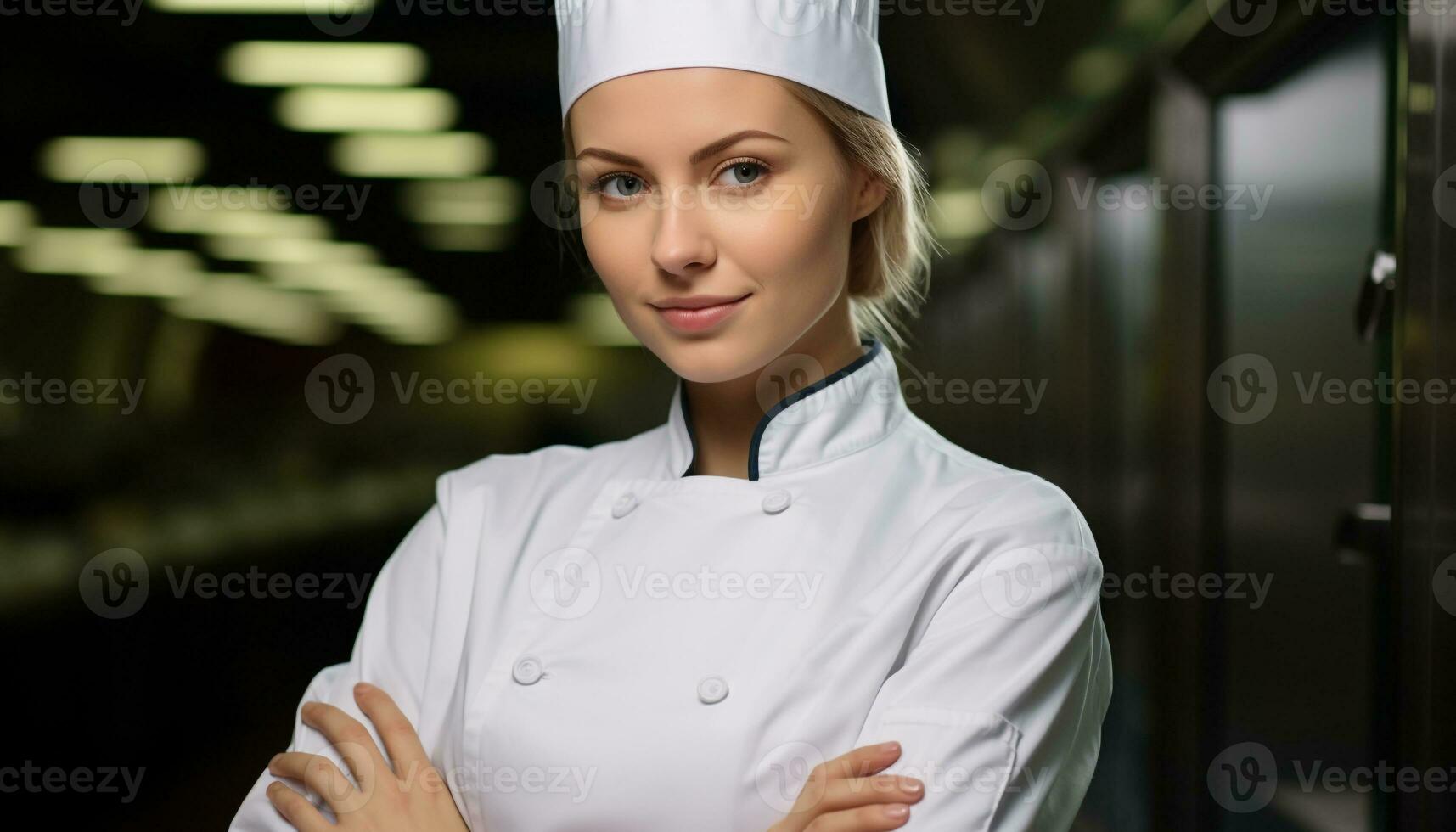 ai gegenereerd glimlachen chef in uniform staand vol vertrouwen in keuken gegenereerd door ai foto