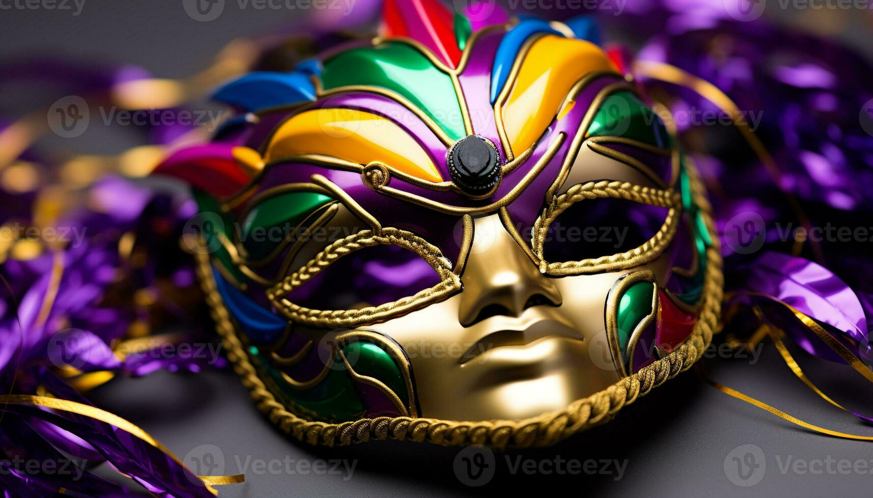 ai gegenereerd kleurrijk masker voegt toe elegantie naar traditioneel mardi gras viering gegenereerd door ai foto