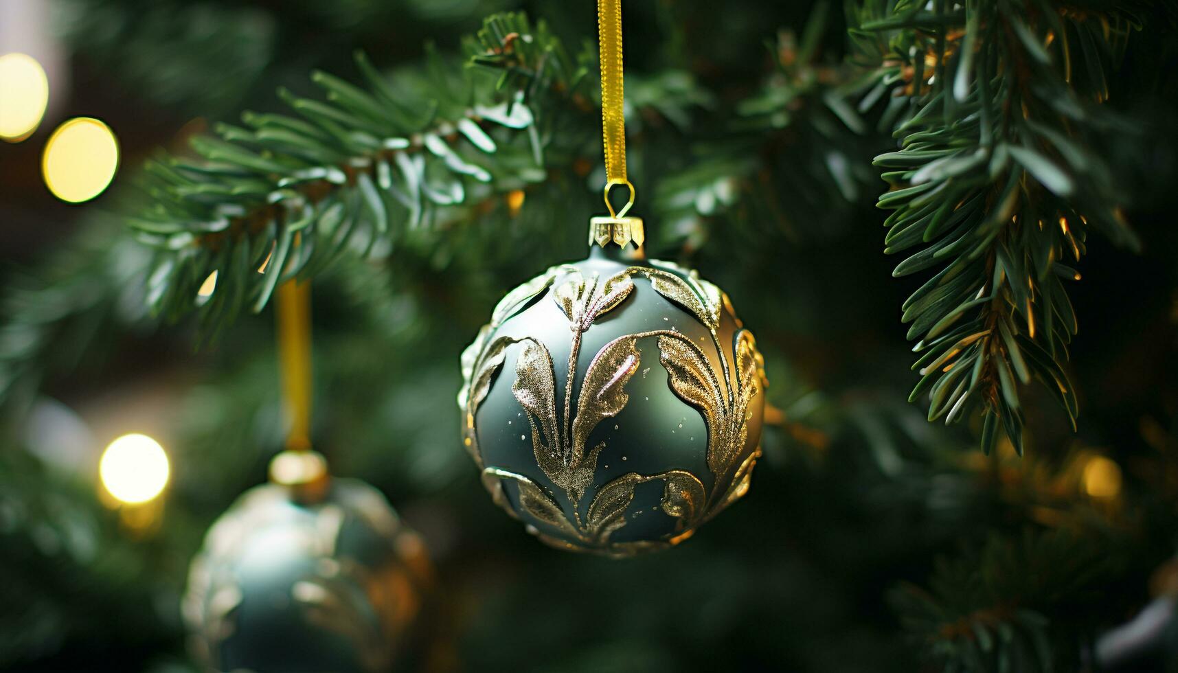 ai gegenereerd glimmend goud ornament hangende Aan verlichte Kerstmis boom gegenereerd door ai foto
