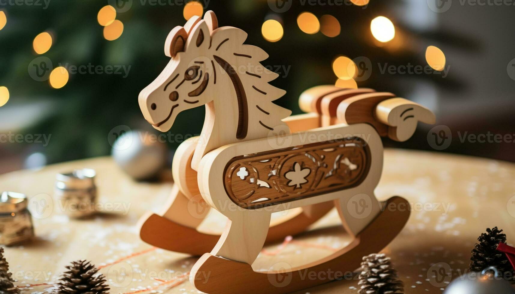 ai gegenereerd houten schommelen paard brengt vreugde naar winter viering gegenereerd door ai foto