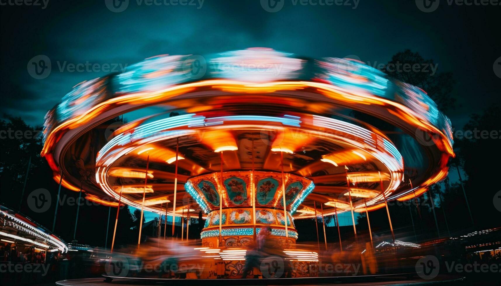 ai gegenereerd spinnen carrousel ontsteekt levendig kleuren in de nacht gegenereerd door ai foto