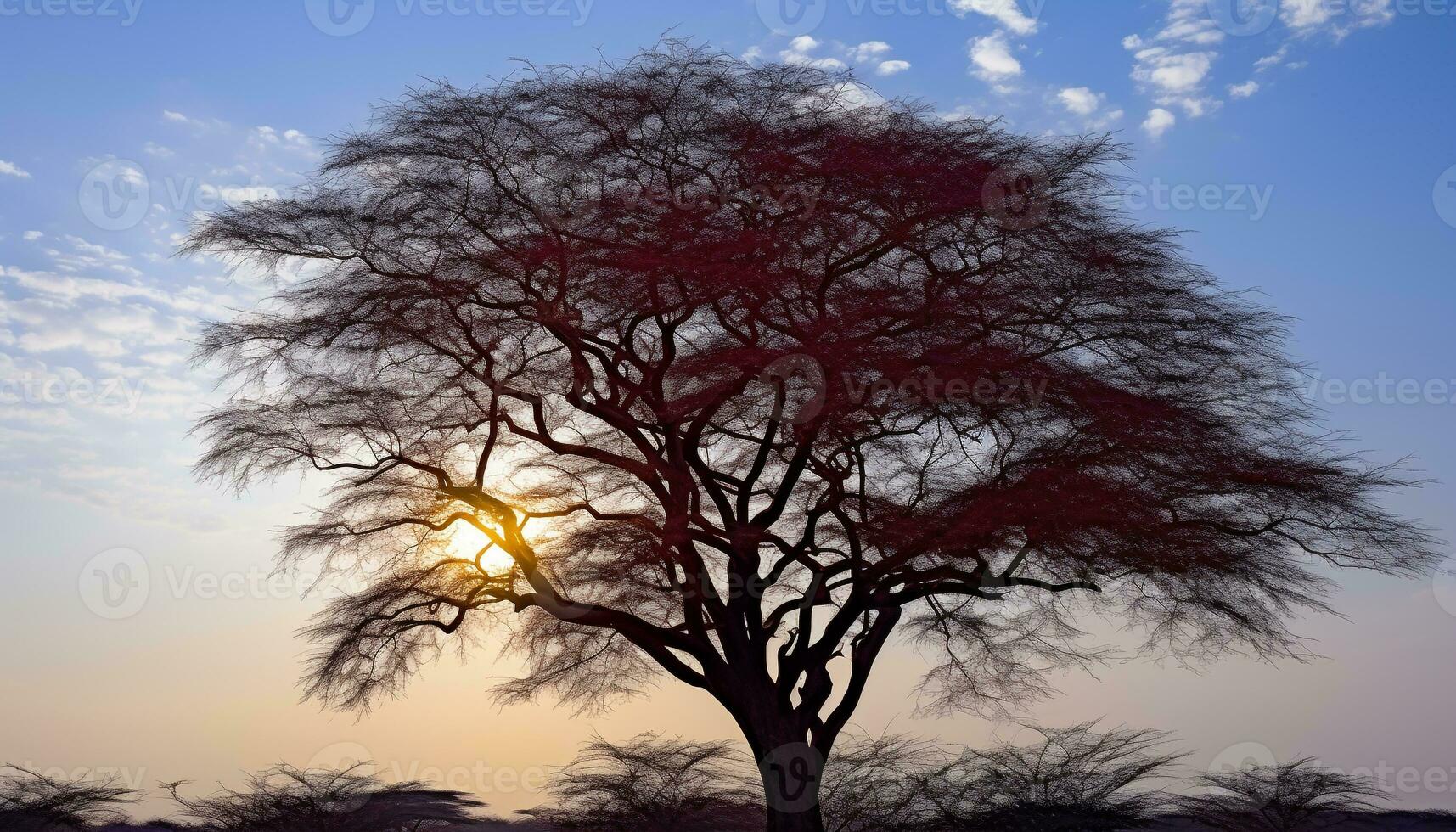 ai gegenereerd silhouet van boom Afdeling tegen helder zonsondergang lucht gegenereerd door ai foto